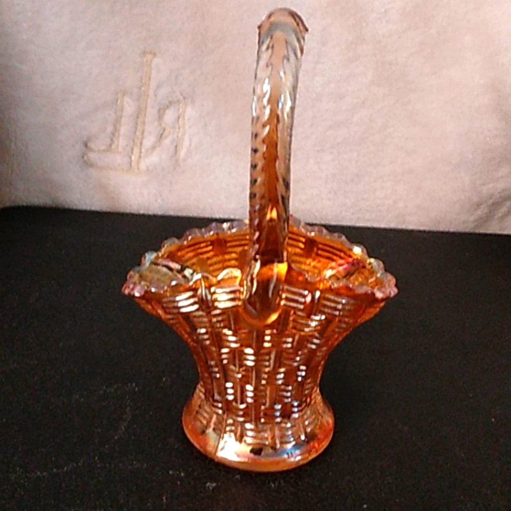 Dugan miniature glass basket in marigold Carnival Glass.